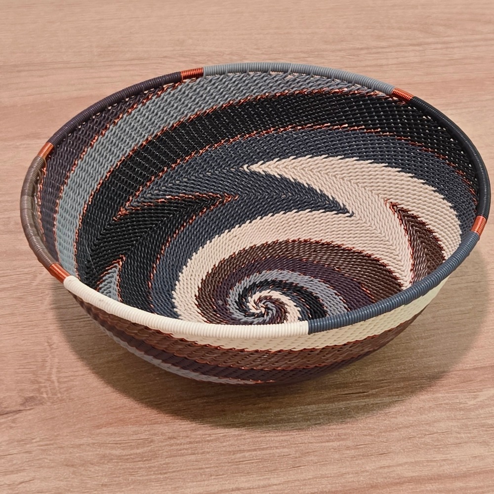Handmade Zulu Telephone Wire Basket Bowl 6.5" Spiral Woven Bowl Copper + Neutral